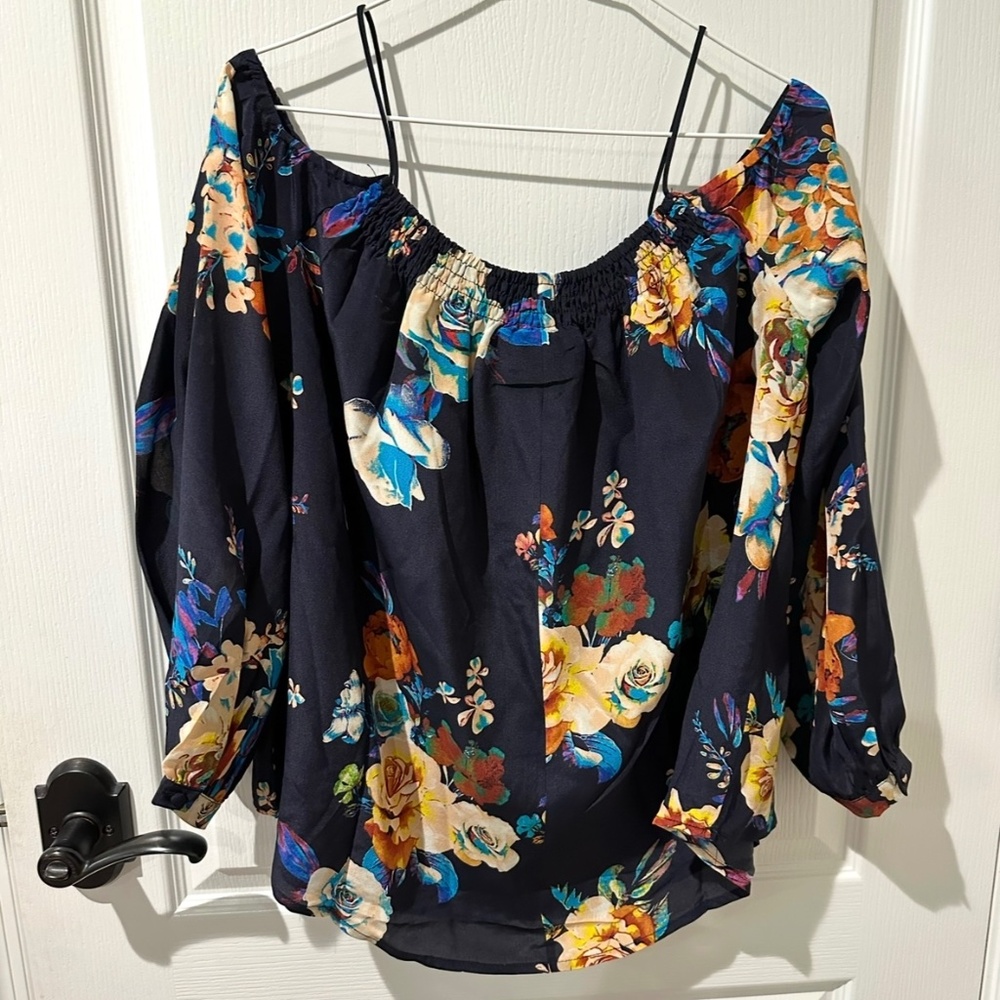 Anthropologie Maeve Blue Tallie Open  Shoulder Silk Blouse xs - Picture 6 of 9